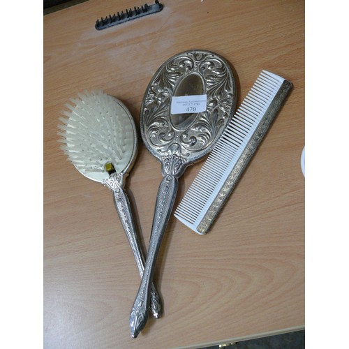 470 - VINTAGE SILVERPLATE DRESSING TABLE SET - BRUSH, MIRROR AND COMB