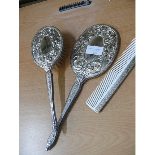 470 - VINTAGE SILVERPLATE DRESSING TABLE SET - BRUSH, MIRROR AND COMB