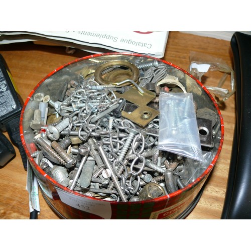 452 - TIN OF SCREWS, HINGES, BOLTS, CHAINS AND GENERAL USEFUL DIY ITEMS