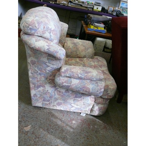 341 - A LOVELY ARMCHAIR UPHOLSTERED WITH PINK AND PURPLE LEAF DESIGN