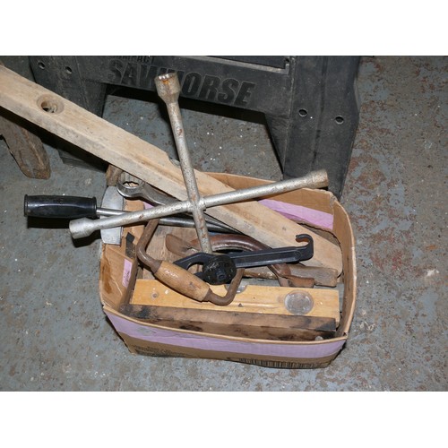 480 - BOX OF TOOLS - SPIRIT LEVEL, WHEEL BRACE ETC