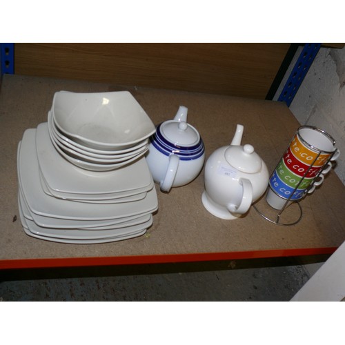 483 - PART DINNER SET, MARKS AND SPENCER ANDANTE SQUARE PLUS 2 TEAPTS AND MUGS