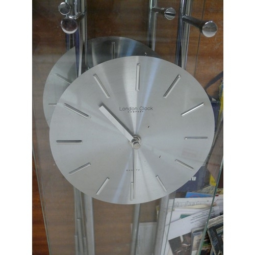 393 - 3 X LONDON CLOCKS, QUARTZ IN CHROME AND GLASS