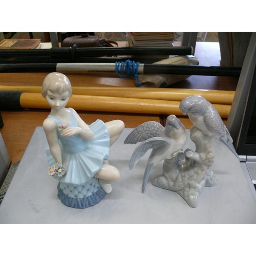 270 - 2 SPANISH 'LLADRO STYLE' FIGURINES,  1 A BALLERINA AND THE OTHER A PAIR OF BIRDS