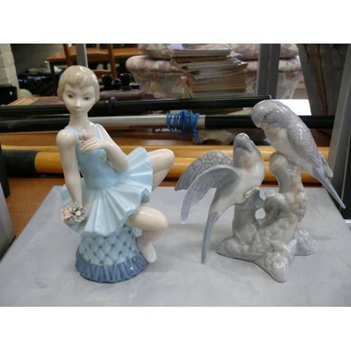 270 - 2 SPANISH 'LLADRO STYLE' FIGURINES,  1 A BALLERINA AND THE OTHER A PAIR OF BIRDS