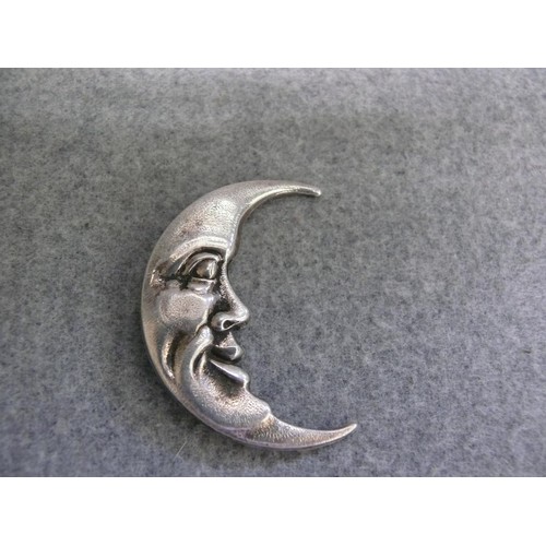 30 - 2 LOVELY BROOCHES & A CHARMING  BROOCH HAIR SLIDE OR COLLAR TAGS. A SILVER METAL MAN IN THE MOON BRO... 