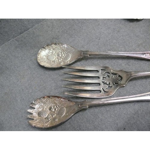 56 - A COLLECTION OF SILVER/P SERVING SPOONS AND FORKS - A SALAD SET, AN OLD FISH SERVER, 2 FRUIT SERVERS... 