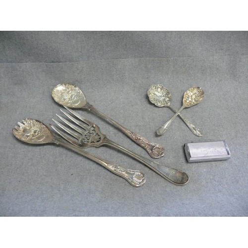 56 - A COLLECTION OF SILVER/P SERVING SPOONS AND FORKS - A SALAD SET, AN OLD FISH SERVER, 2 FRUIT SERVERS... 