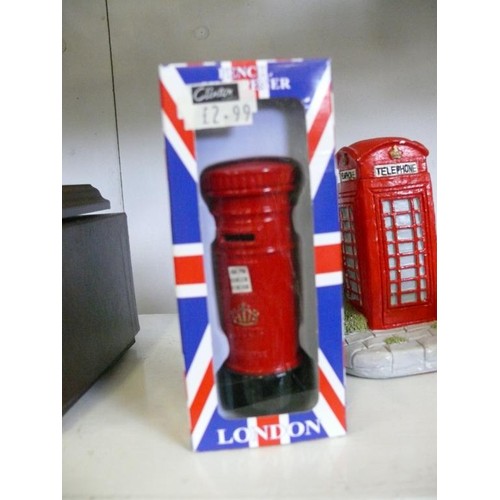 86A - A VERY BRITISH LOT CONSISTING OF A SPITFIRE MODEL, POSTBOX PENCIL SHARPENER AND A RED TELEPHONE BOX ... 