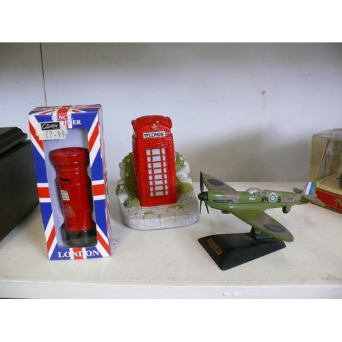 86A - A VERY BRITISH LOT CONSISTING OF A SPITFIRE MODEL, POSTBOX PENCIL SHARPENER AND A RED TELEPHONE BOX ... 