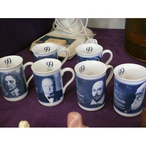 104A - SIX MUGS FEATURING PROMINENT BRITISH PEOPLE, BY BERKSHIRE CHINA.