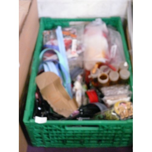 149 - A CRATE OF MIXED CRAFT ITEMS INCLUDING DYLONS, ZIPS, TOGGLES, RIBBONS, YARN, EMBROIDERY FRAME ETC