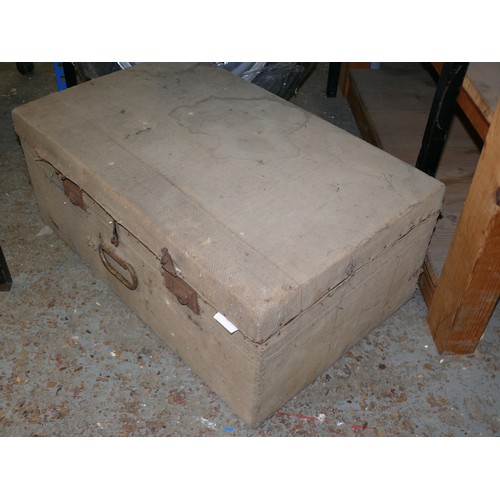 277 - A LARGE WOODEN CHEST WITH CANVAS COVERING