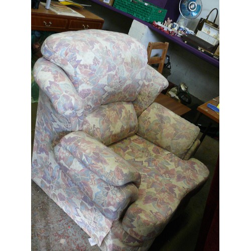 341 - A LOVELY ARMCHAIR UPHOLSTERED WITH PINK AND PURPLE LEAF DESIGN