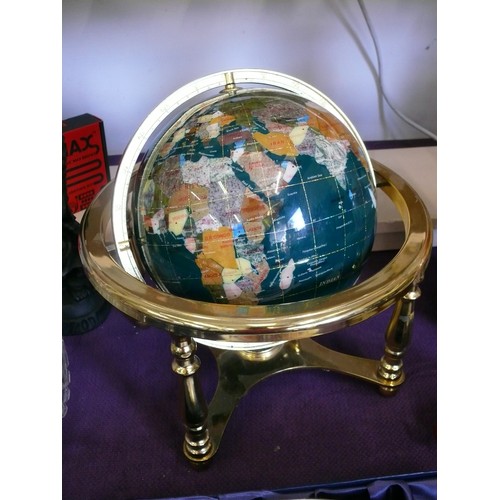 65 - A LOVELY TABLE GLOBE INLAID WITH HARDSTONE/MINERALS ON A BRASS STAND