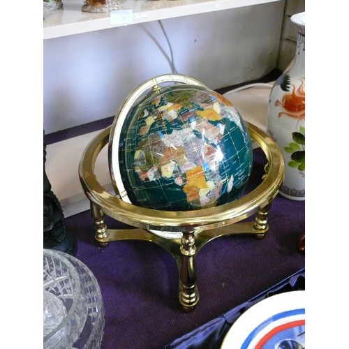 65 - A LOVELY TABLE GLOBE INLAID WITH HARDSTONE/MINERALS ON A BRASS STAND