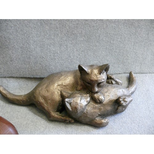 83 - 3 DECORATIVE CAT FIGURINES WOOD AND CERAMIC