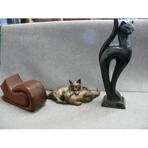 83 - 3 DECORATIVE CAT FIGURINES WOOD AND CERAMIC