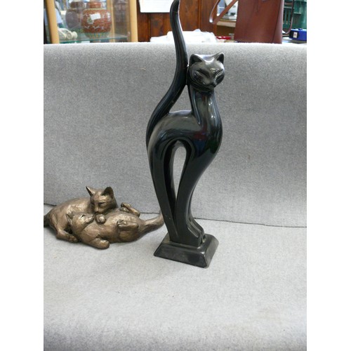 83 - 3 DECORATIVE CAT FIGURINES WOOD AND CERAMIC