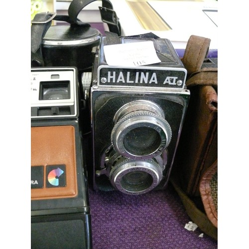 105 - A NICE SELECTION OF VINTAGE CAMERAS AND EQUIPMENT TO INCLUDE HALINA A1 TWIN LENS, KODAK INSTANT, HAW... 