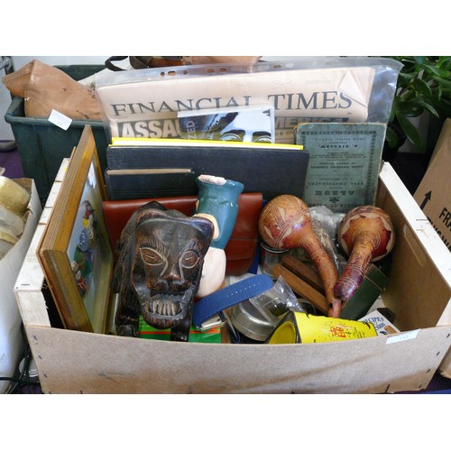 132 - A MIXED BOX OF COLLECTABLE ITEMS TO INCLUDE STAMPS, TINS, WOODEN ITEMS, BOOKS ETC