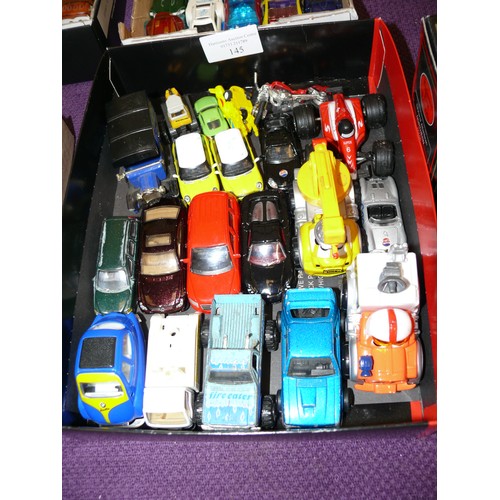 145 - TRAY OF LARGE NUMBER OF PLAYWORN DIECAST VEHICLES INCLUDING 6 HOT WHEELS