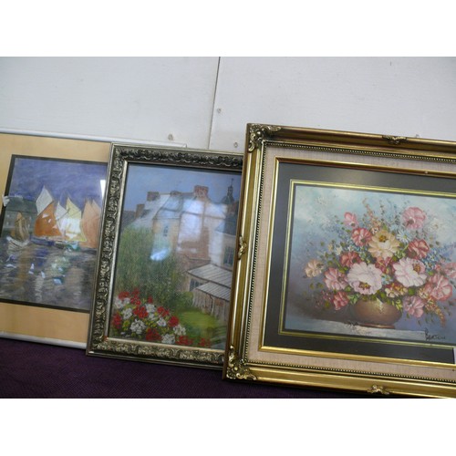 126 - A FRAMED AND GLAZED OIL ON CANVAS SIGNED BARTON AND 2 ORIGINAL PASTEL PAINTINGS BOTH FRAMED AND GLAZ... 