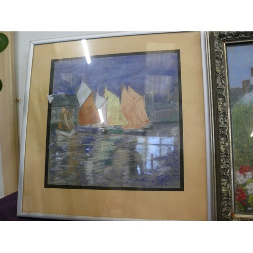 126 - A FRAMED AND GLAZED OIL ON CANVAS SIGNED BARTON AND 2 ORIGINAL PASTEL PAINTINGS BOTH FRAMED AND GLAZ... 