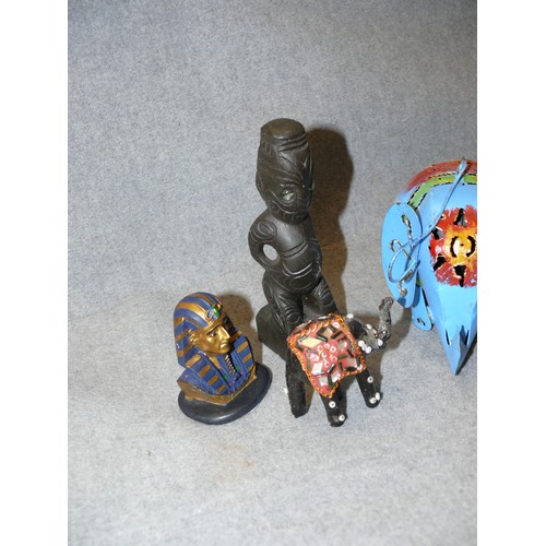 127 - A COLLECTION OF DECORATIVE ITEMS TO INCLUDE METAL ELEPHANT, EGYPTIAN HEAD, WOODEN TRIBAL ITEMS ETC