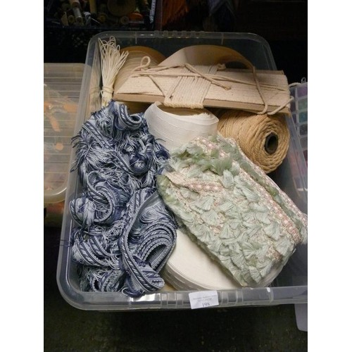 198 - A LARGE TUB OF WEBBING, LACE EDGING, FRINGE EDGING, CURTAIN TOP ETC