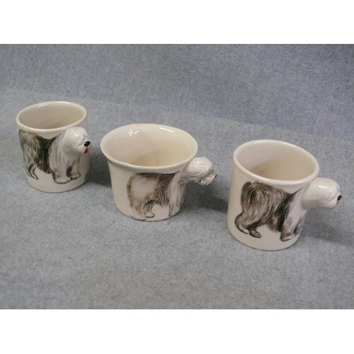 187 - A SET OF 4 OLD ENGLISH SHEEPDOG FINE CHINA MUGS AND 3 BLUE WITCH CUPS WITH OLD ENGLISH SHEEPDOG HAND... 