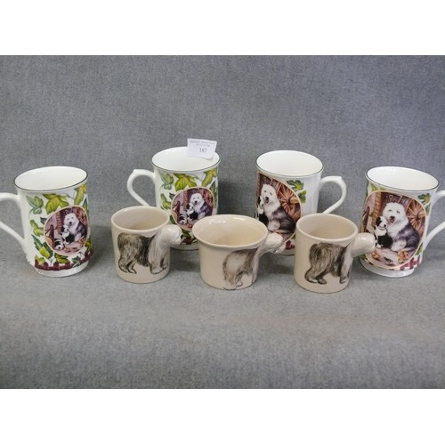 187 - A SET OF 4 OLD ENGLISH SHEEPDOG FINE CHINA MUGS AND 3 BLUE WITCH CUPS WITH OLD ENGLISH SHEEPDOG HAND... 