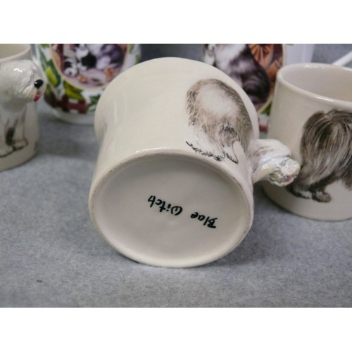 187 - A SET OF 4 OLD ENGLISH SHEEPDOG FINE CHINA MUGS AND 3 BLUE WITCH CUPS WITH OLD ENGLISH SHEEPDOG HAND... 