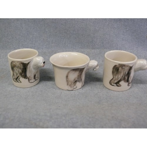 187 - A SET OF 4 OLD ENGLISH SHEEPDOG FINE CHINA MUGS AND 3 BLUE WITCH CUPS WITH OLD ENGLISH SHEEPDOG HAND... 