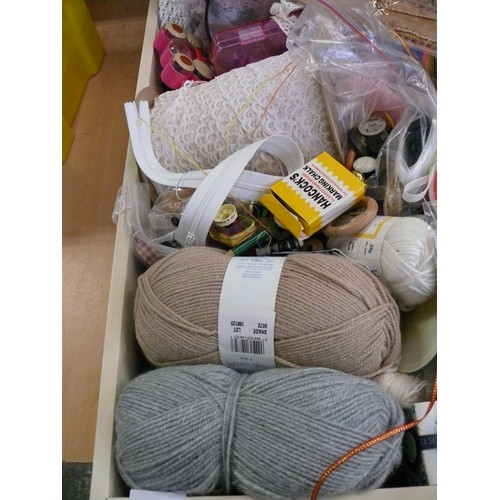 211 - A VERY LARGE TRAY OF CRAFT ITEMS WOOL, LACE, FABRIC ETC