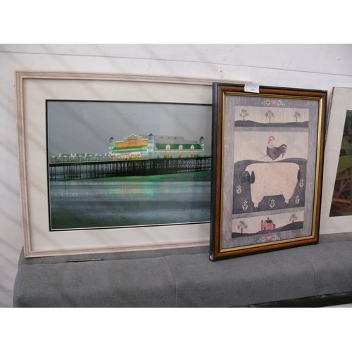 265 - A FRAMED AND GLAZED FARMYARD PRINT PLUS A PHOTO OF A PIER ALSO FRAMED AND GLAZED AND A GLAZED PHOTO ... 