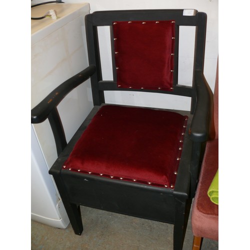 273 - VINTAGE BEDROOM CHAIR WITH RED UPHOLSTERY SEAT AND BACK AND COMMODE IN BASE