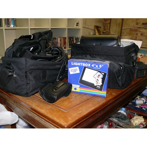 191 - A LARGE SEECTION OF CAMERA EQUIPMENT TRIPOD, TAMRON CASE, NIKON COOLPIX BOX OF ACCESORIES (NO CAMERA... 