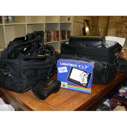 191 - A LARGE SEECTION OF CAMERA EQUIPMENT TRIPOD, TAMRON CASE, NIKON COOLPIX BOX OF ACCESORIES (NO CAMERA... 