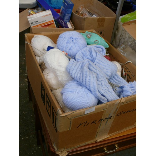 335 - A VERY LARGE BOX OF WOOL, KNITTING NEEDLES AND ACCESSORIES