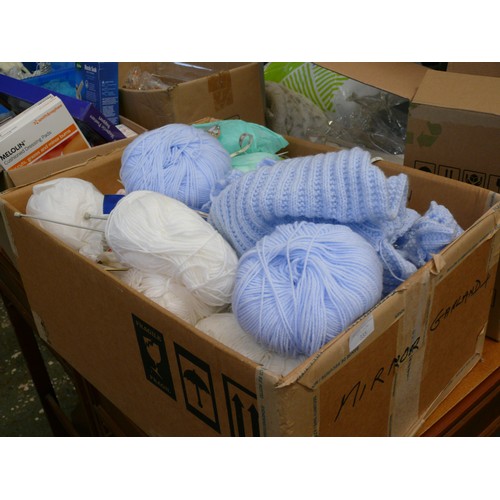 335 - A VERY LARGE BOX OF WOOL, KNITTING NEEDLES AND ACCESSORIES