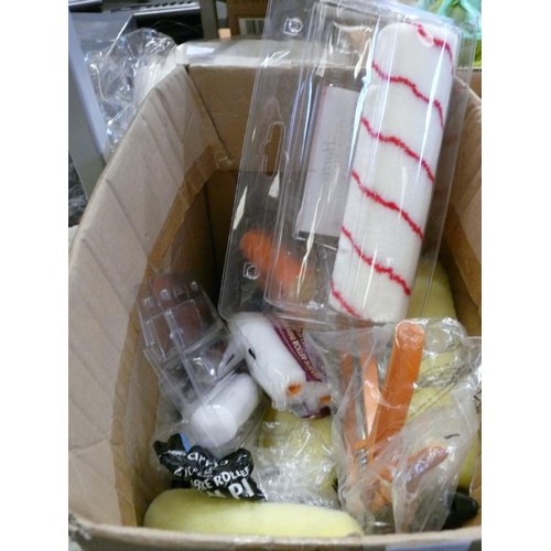 313 - A LARGE BOX OF DECORATORS ITEMS PAINT BRUSHES ETC