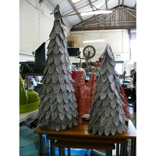 249 - 2 LARGE SILVER GLITTER CHRISTMAS TREES AND A MUSICAL HOUSE TIN