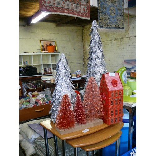 249 - 2 LARGE SILVER GLITTER CHRISTMAS TREES AND A MUSICAL HOUSE TIN