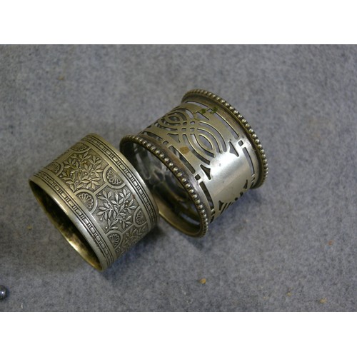 50 - SILVERPLATE - 2 NAPKIN RINGS, MUSTARD POT WITH BRISTOL BLUE LINER AND A SEWING TIN