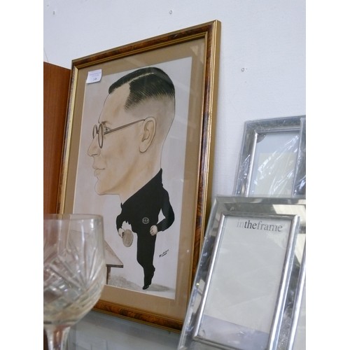 146 - A FRAMED GLAZED HIGH QUALITY PRINT CARACITURE OF AN AIR RAID WARDEN PLAYING TABLE TENNIS