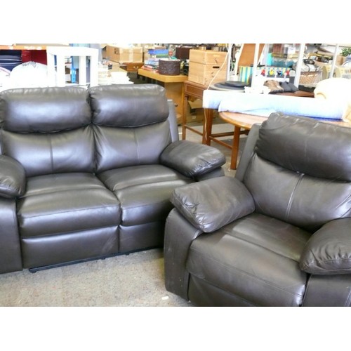 297B - 2 SEATER VERY DARK BROWN LEATHER SOFA AND MATCHING MANUAL RECLINING CHAIR, EXCELLENT