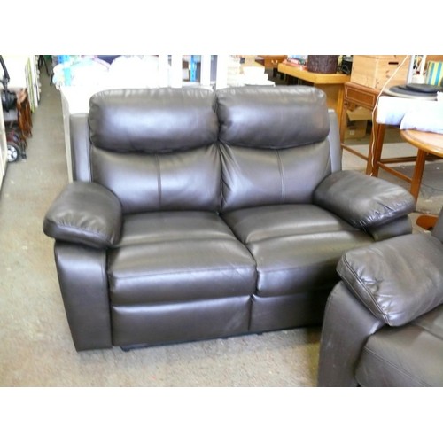 297B - 2 SEATER VERY DARK BROWN LEATHER SOFA AND MATCHING MANUAL RECLINING CHAIR, EXCELLENT