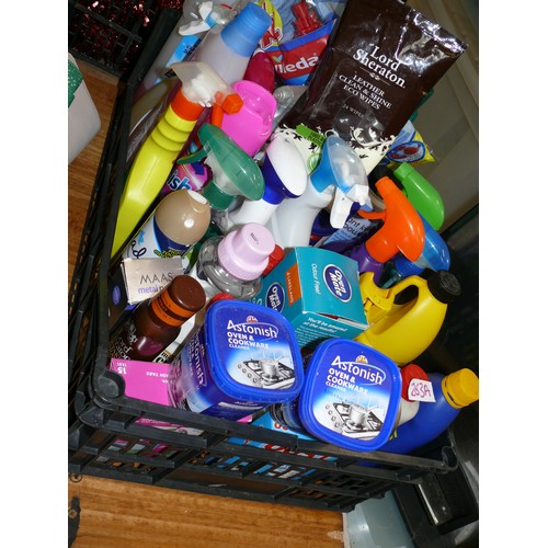 458 - LARGE TRAY OF ASSORTED HOUSEHOLD CLEANING PRODUCTS INCLUDING OVEN CLEANER, BLEACH, ANT KILLER, FLASH... 