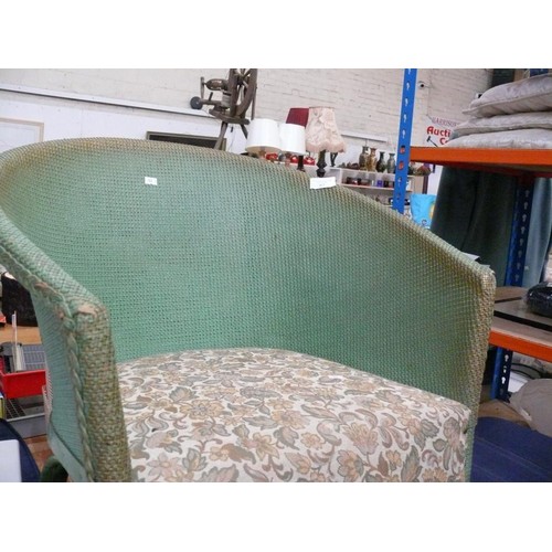 463 - GREEN RATTAN BEDROOM CHAIR WITH FLORAL SEAT